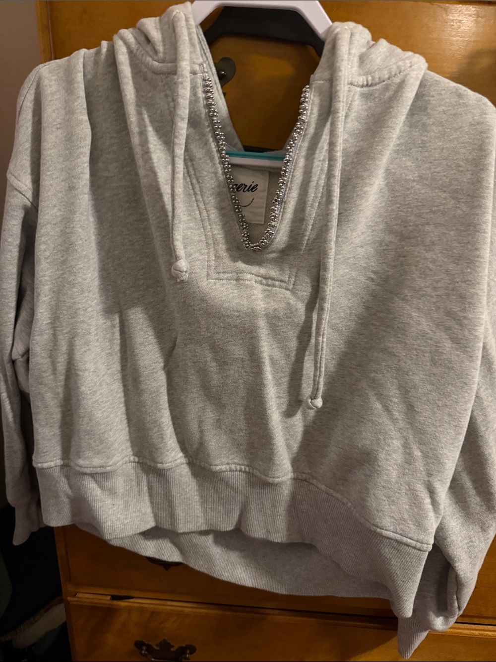 aerie Light Gray V-Neck Hooded Sweater with Bead Trim
